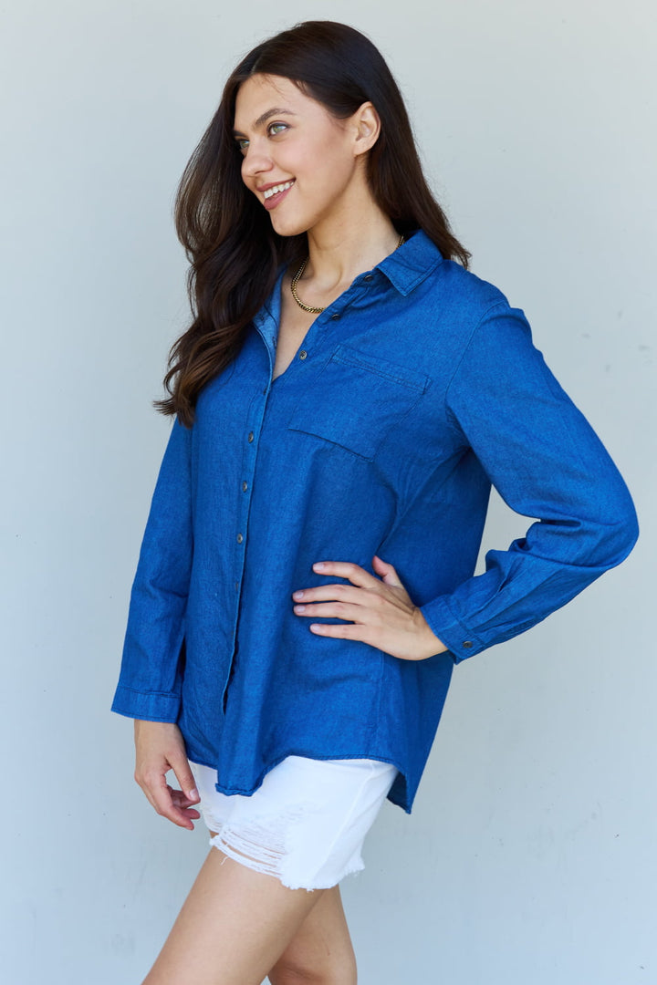 Doublju Blue Jean Baby Denim Button Down Shirt Top in Dark Blue-Trendsi-[option4]-[option5]-[option6]-[option7]-[option8]-Shop-Boutique-Clothing-for-Women-Online