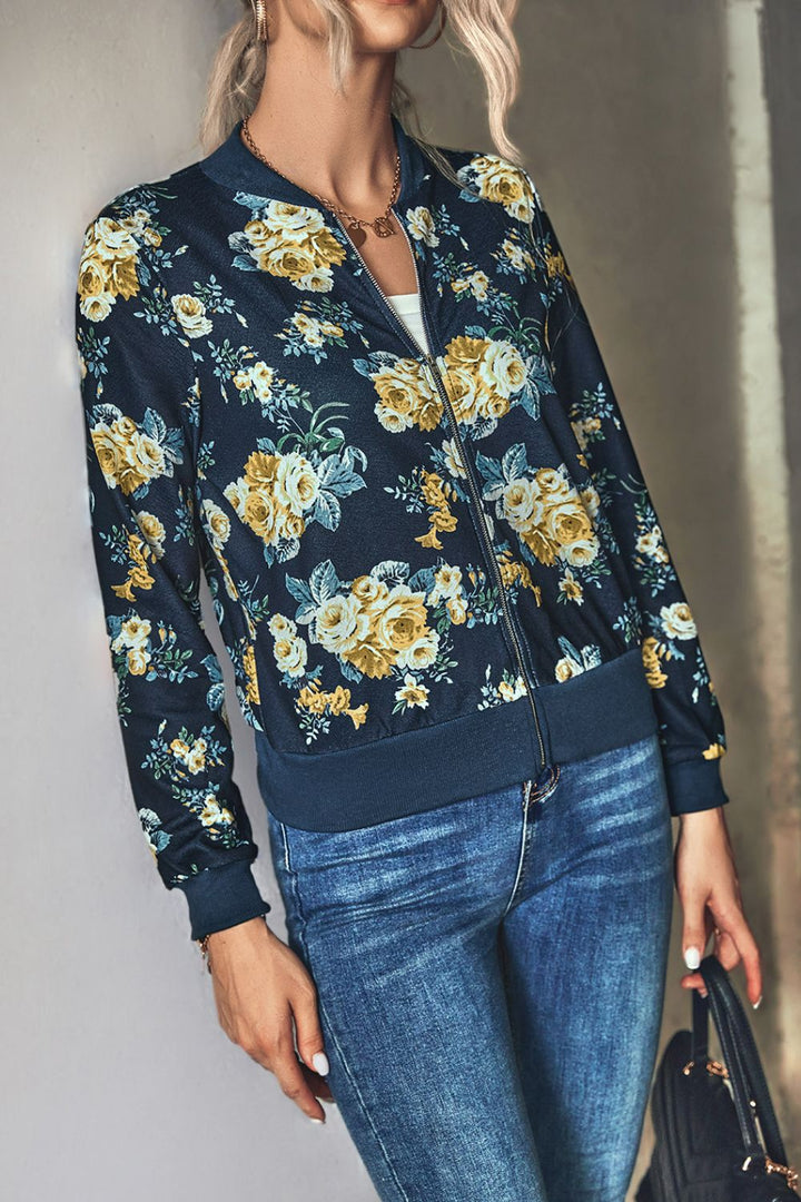 Floral Zip Up Ribbed Trim Bomber Jacket-Trendsi-[option4]-[option5]-[option6]-[option7]-[option8]-Shop-Boutique-Clothing-for-Women-Online