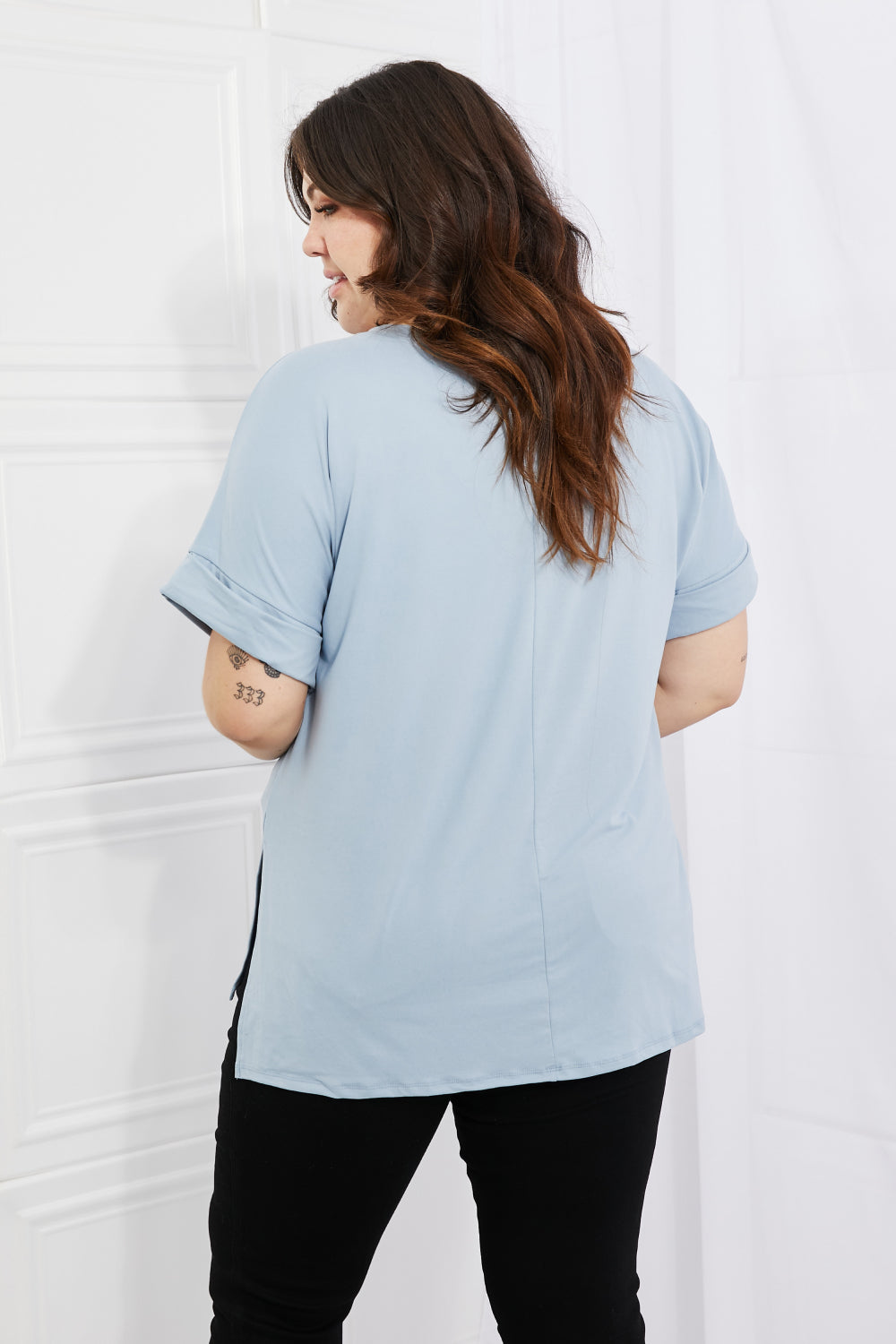Zenana Simply Comfy V-Neck Loose Fit Shirt in Blue-Trendsi-[option4]-[option5]-[option6]-[option7]-[option8]-Shop-Boutique-Clothing-for-Women-Online