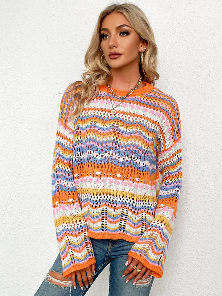 Rainbow Stripe Openwork Flare Sleeve Sweater-Trendsi-Orange-S-[option4]-[option5]-[option6]-[option7]-[option8]-Shop-Boutique-Clothing-for-Women-Online