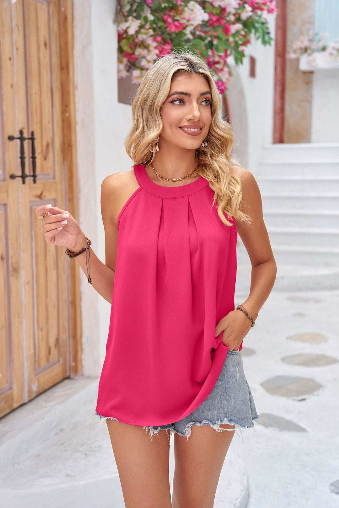 Grecian Neck Sleeveless Top-Trendsi-Hot Pink-S-[option4]-[option5]-[option6]-[option7]-[option8]-Shop-Boutique-Clothing-for-Women-Online