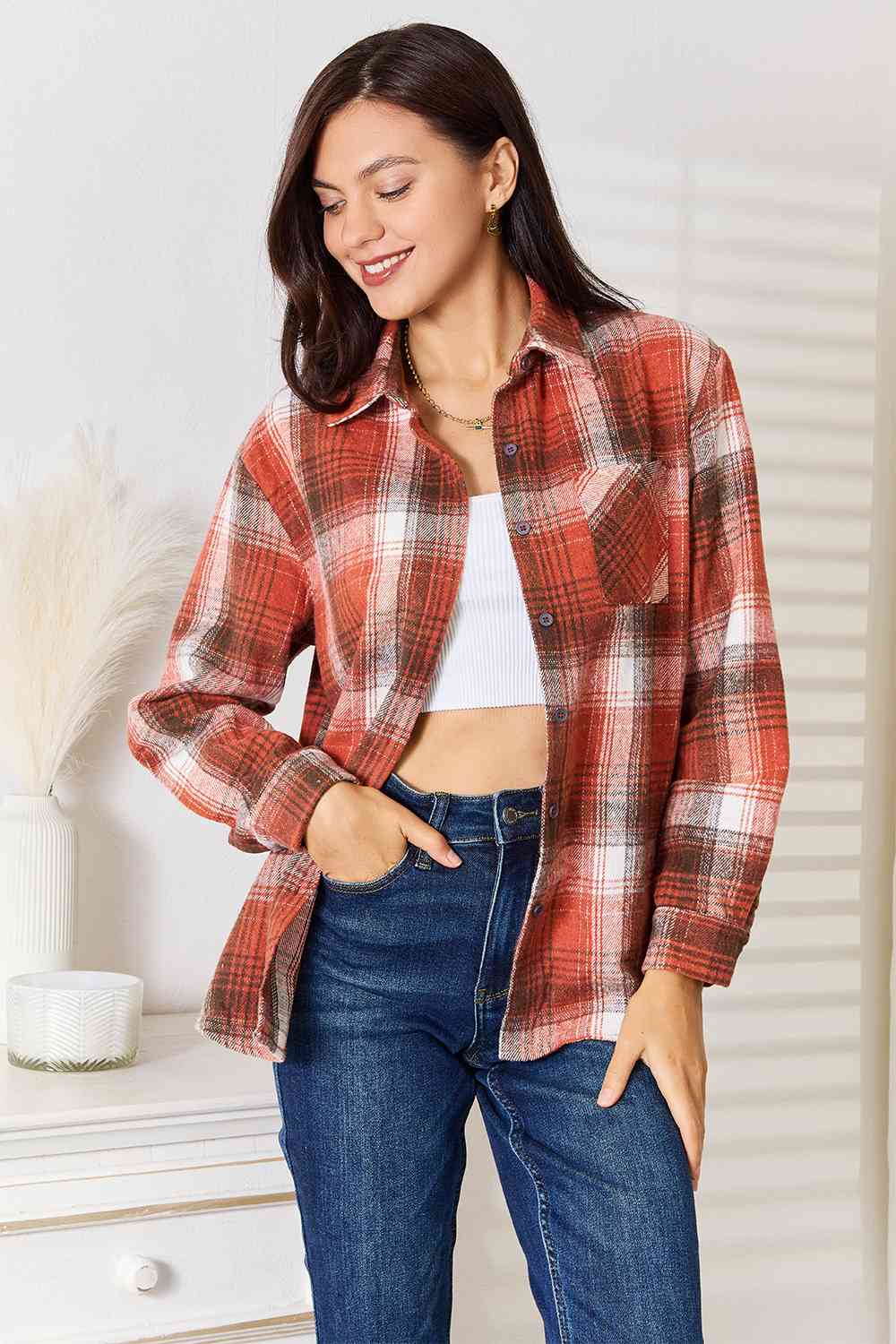 Double Take Plaid Collared Neck Long Sleeve Shirt-Trendsi-Ochre-S-[option4]-[option5]-[option6]-[option7]-[option8]-Shop-Boutique-Clothing-for-Women-Online