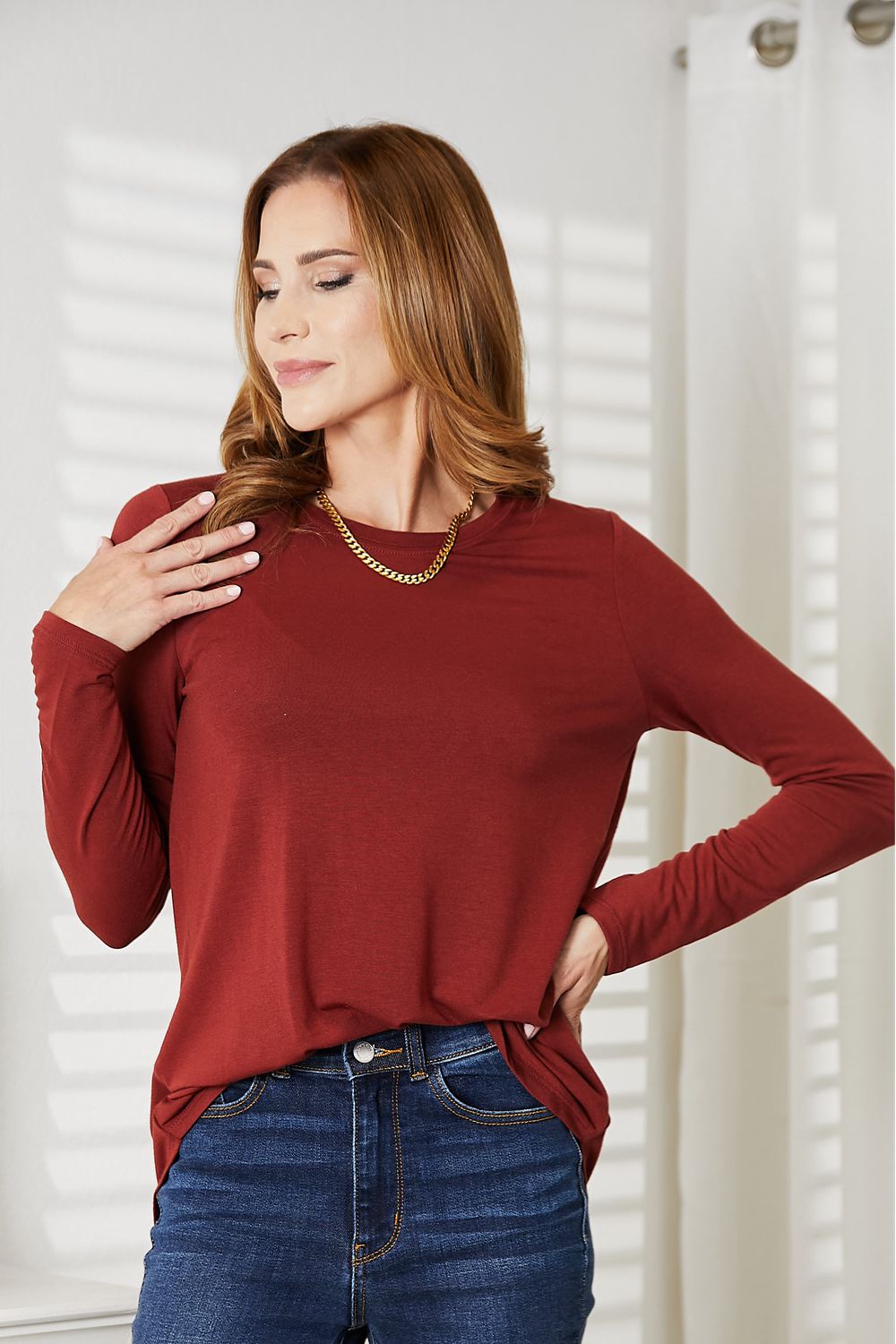 Zenana Long Sleeve Round Neck Round Hem Top-Trendsi-[option4]-[option5]-[option6]-[option7]-[option8]-Shop-Boutique-Clothing-for-Women-Online