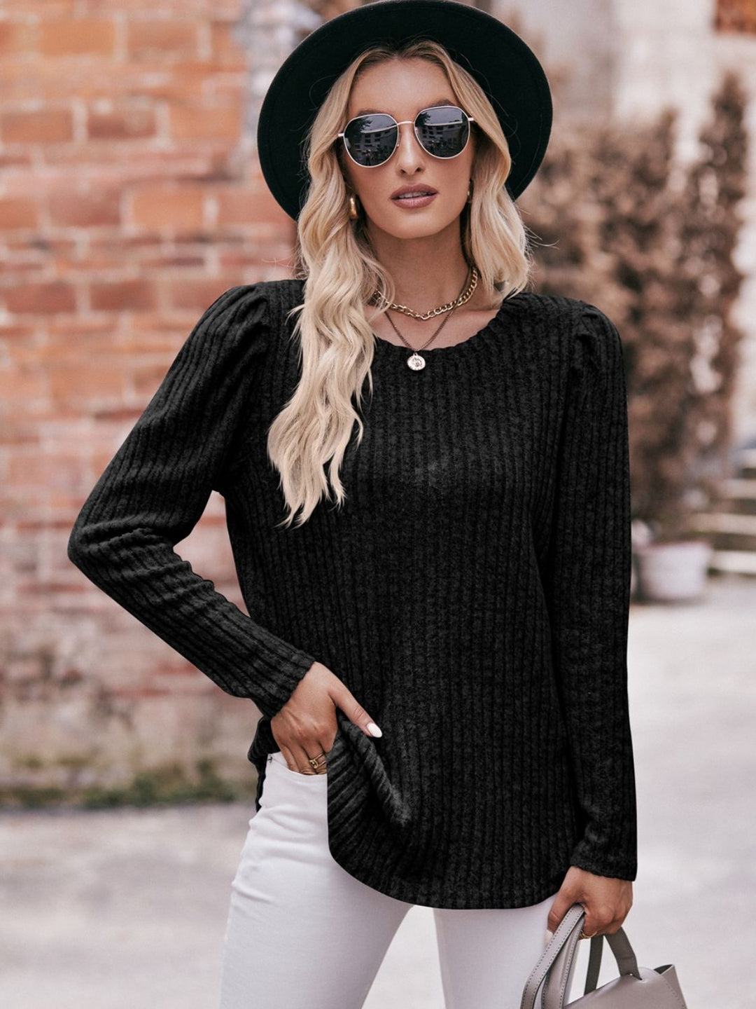 Double Take Round Neck Puff Sleeve Ribbed Top-Trendsi-Black-S-[option4]-[option5]-[option6]-[option7]-[option8]-Shop-Boutique-Clothing-for-Women-Online