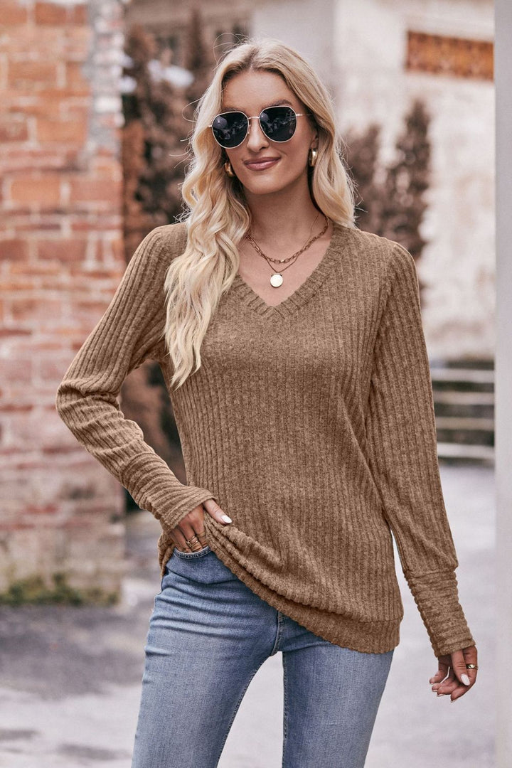 Double Take V-Neck Long Sleeve Ribbed Top-Trendsi-[option4]-[option5]-[option6]-[option7]-[option8]-Shop-Boutique-Clothing-for-Women-Online