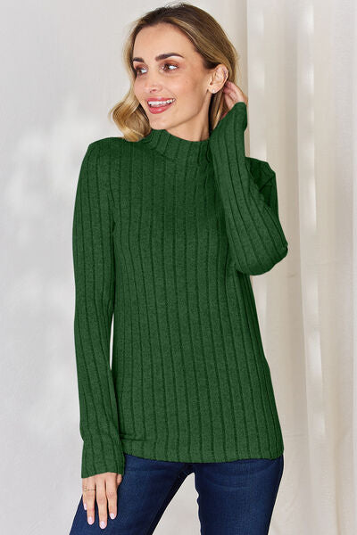 Basic Bae Ribbed Mock Neck Long Sleeve T-Shirt-Trendsi-Mid Green-S-[option4]-[option5]-[option6]-[option7]-[option8]-Shop-Boutique-Clothing-for-Women-Online
