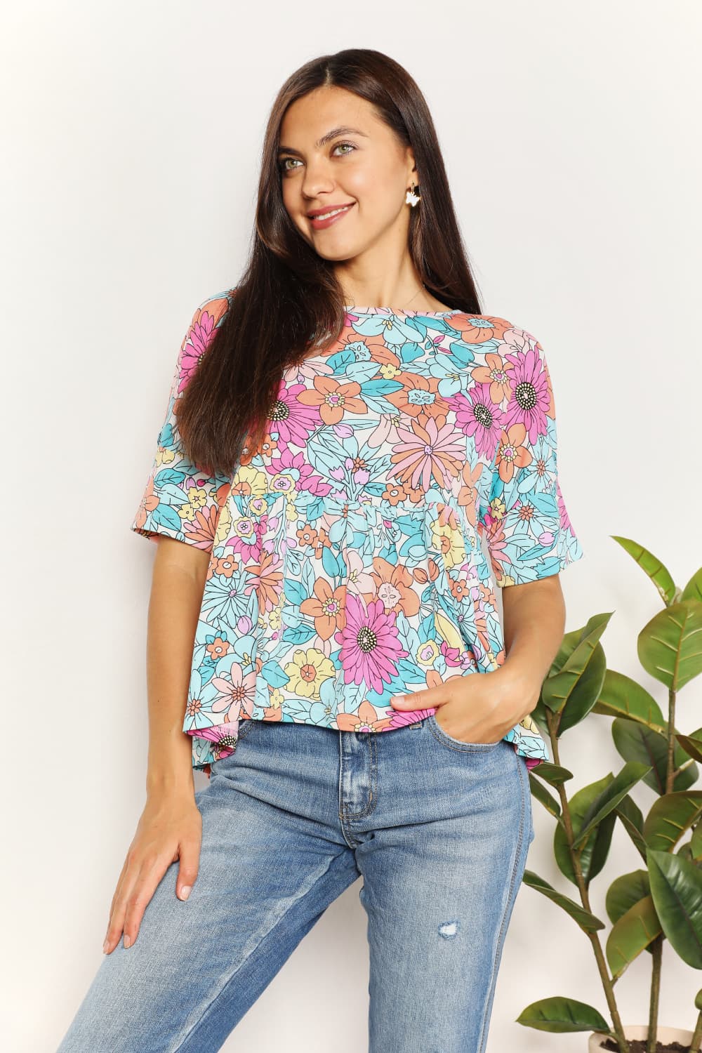 Double Take Floral Round Neck Babydoll Top-Trendsi-Floral-S-[option4]-[option5]-[option6]-[option7]-[option8]-Shop-Boutique-Clothing-for-Women-Online