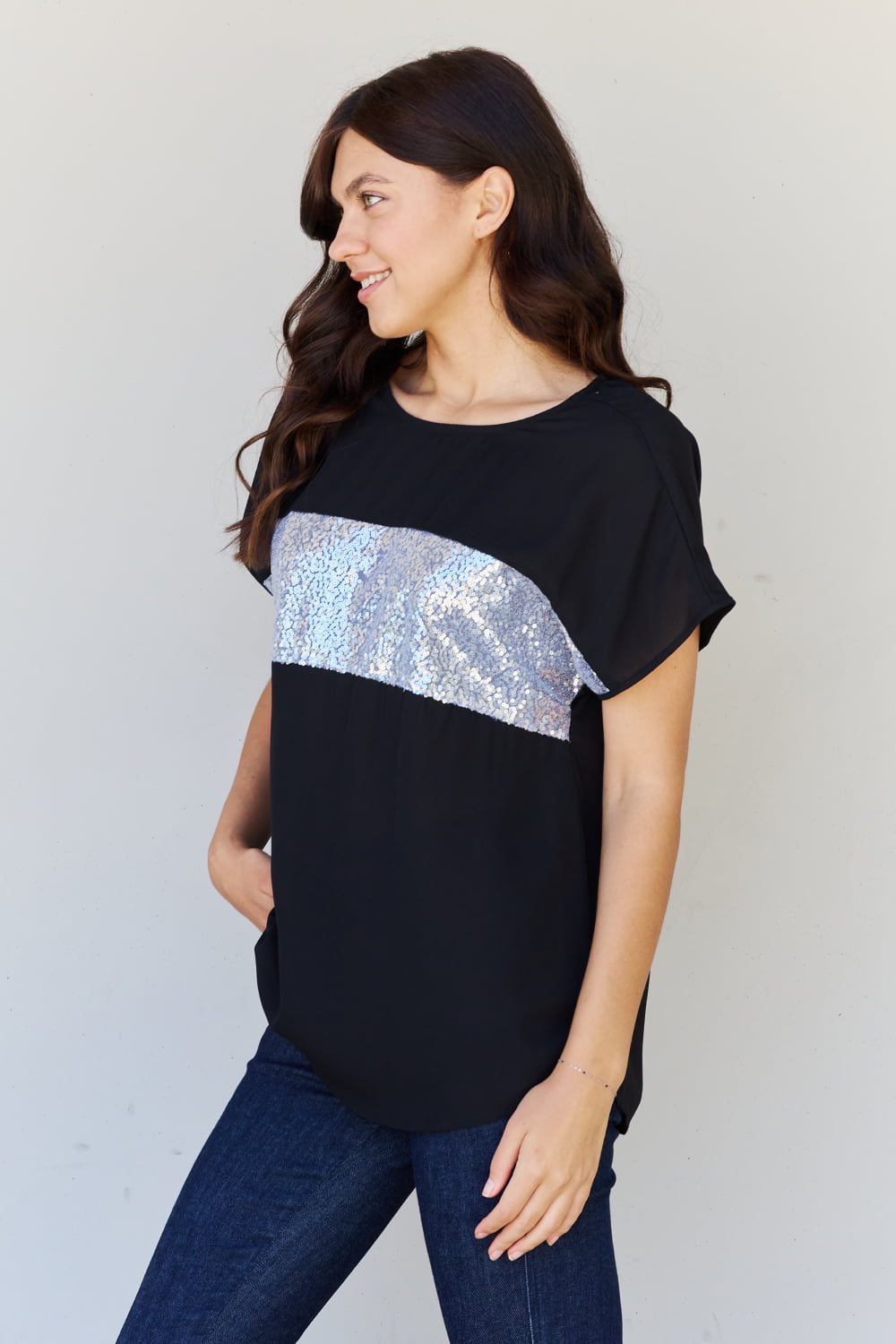 Sew In Love Shine Bright Center Mesh Sequin Top in Black/Silver-Trendsi-[option4]-[option5]-[option6]-[option7]-[option8]-Shop-Boutique-Clothing-for-Women-Online