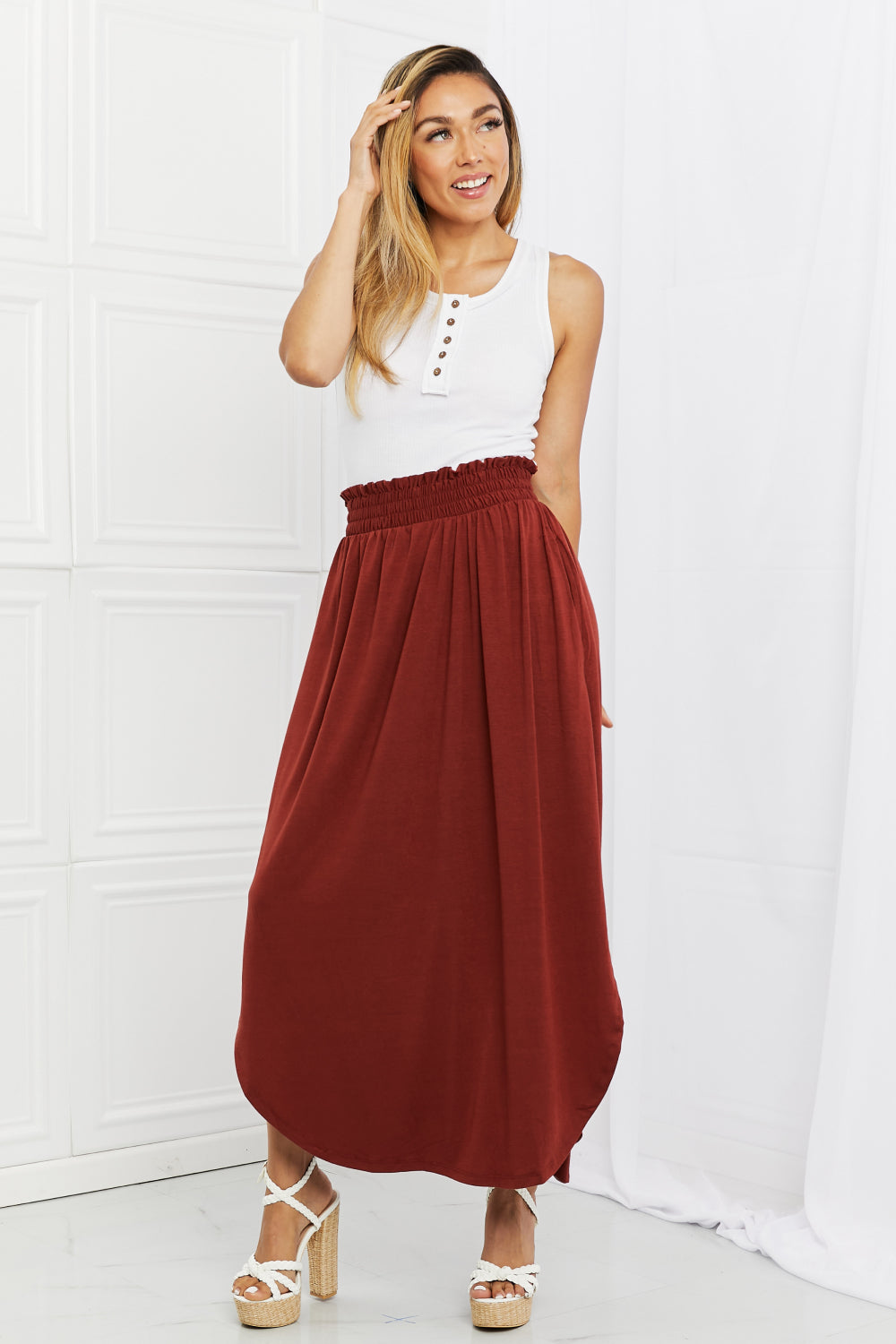 Zenana It's My Time Side Scoop Scrunch Skirt in Dark Rust-Trendsi-[option4]-[option5]-[option6]-[option7]-[option8]-Shop-Boutique-Clothing-for-Women-Online