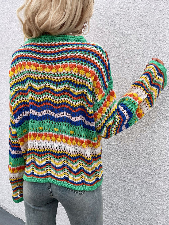 Rainbow Stripe Openwork Flare Sleeve Sweater-Trendsi-[option4]-[option5]-[option6]-[option7]-[option8]-Shop-Boutique-Clothing-for-Women-Online