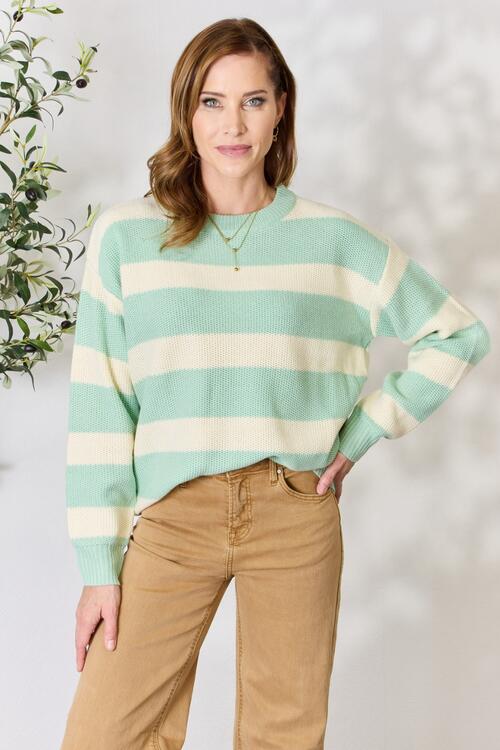 Sew In Love Contrast Striped Round Neck Sweater-Trendsi-Sage/Ivory-S-[option4]-[option5]-[option6]-[option7]-[option8]-Shop-Boutique-Clothing-for-Women-Online