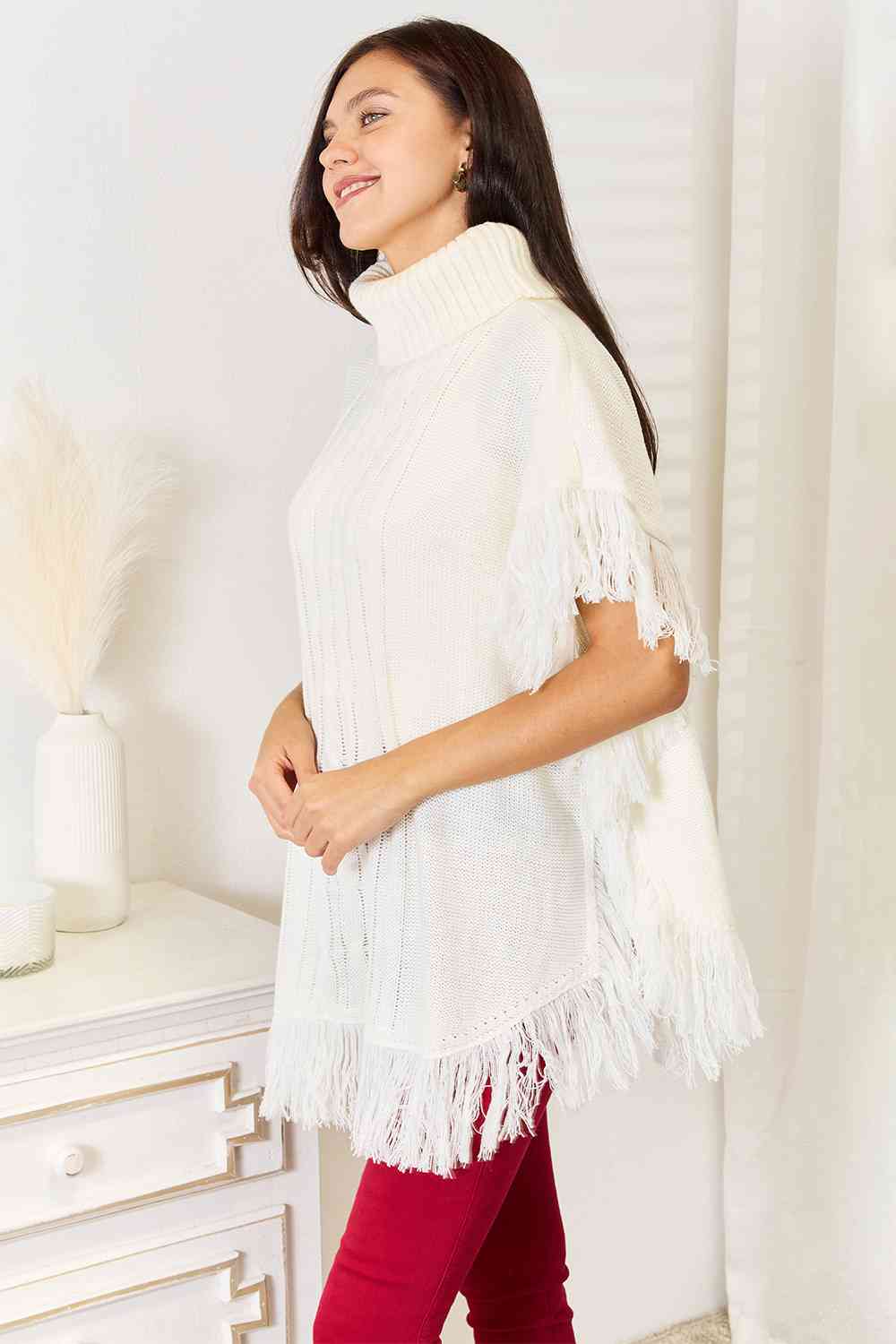 Justin Taylor Turtle Neck Fringe Poncho-Trendsi-Ivory-One Size-[option4]-[option5]-[option6]-[option7]-[option8]-Shop-Boutique-Clothing-for-Women-Online