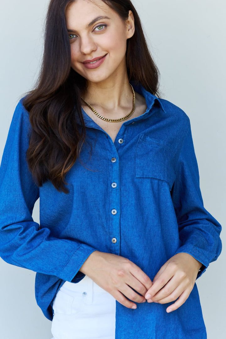 Doublju Blue Jean Baby Denim Button Down Shirt Top in Dark Blue-Trendsi-[option4]-[option5]-[option6]-[option7]-[option8]-Shop-Boutique-Clothing-for-Women-Online