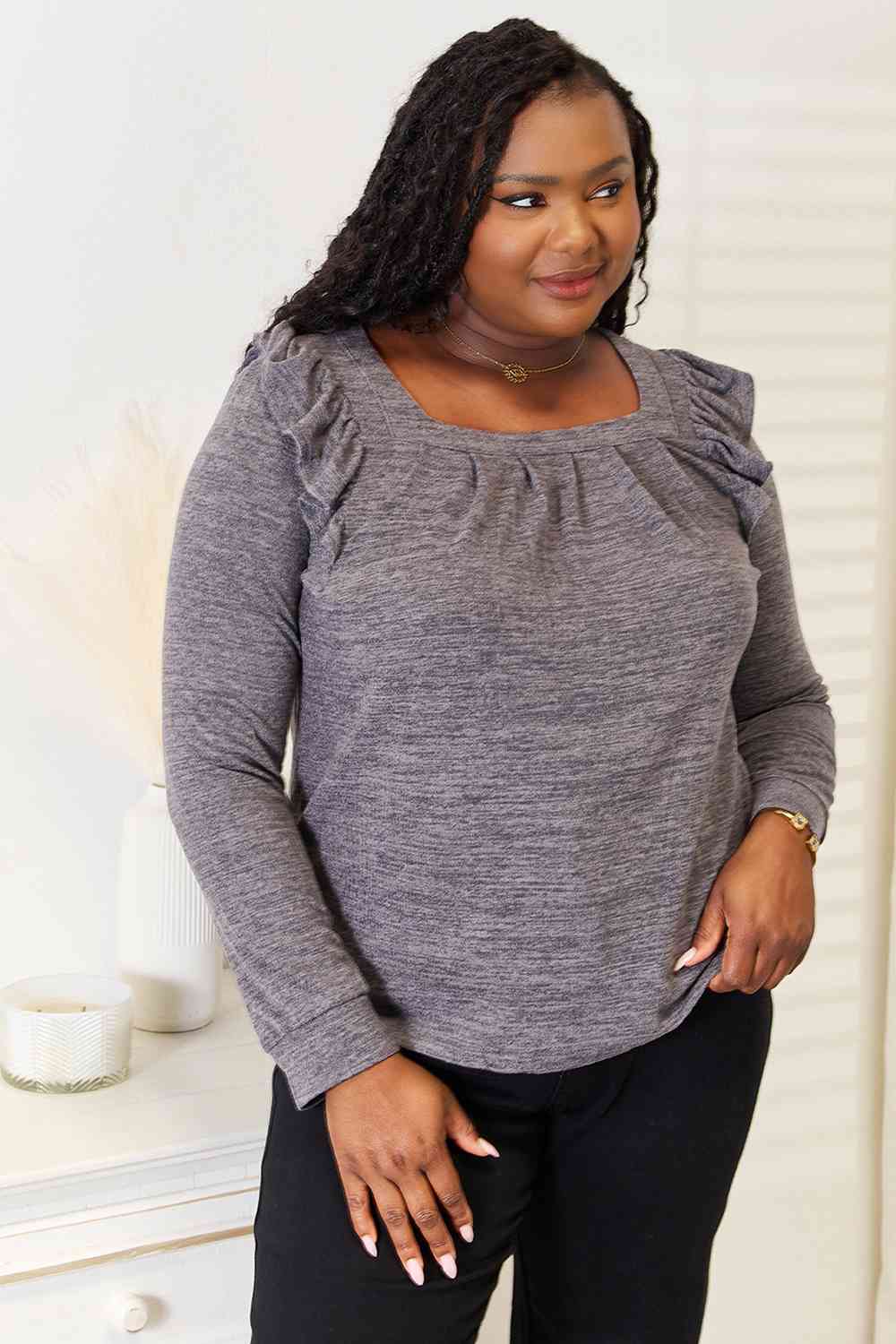 Double Take Square Neck Ruffle Shoulder Long Sleeve T-Shirt-Trendsi-Charcoal-S-[option4]-[option5]-[option6]-[option7]-[option8]-Shop-Boutique-Clothing-for-Women-Online