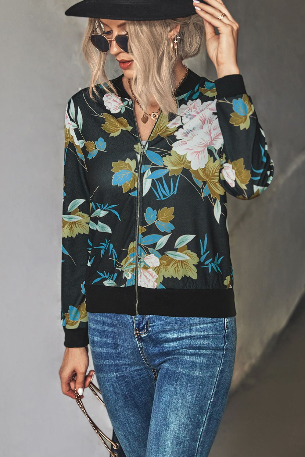Floral Zip Up Ribbed Trim Bomber Jacket-Trendsi-Black-S-[option4]-[option5]-[option6]-[option7]-[option8]-Shop-Boutique-Clothing-for-Women-Online