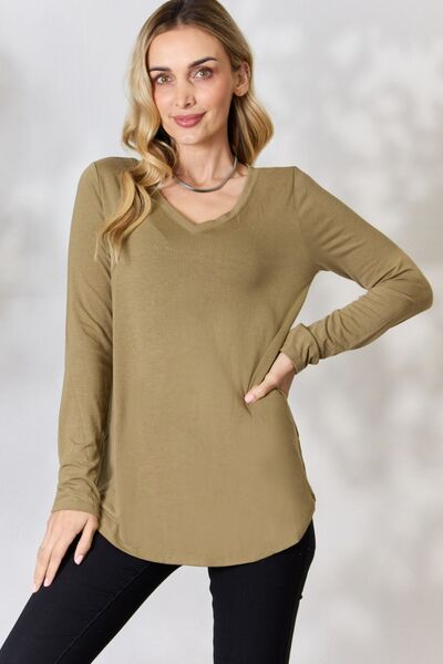 Zenana V-Neck Long Sleeve T-Shirt-Trendsi-Khaki-S-[option4]-[option5]-[option6]-[option7]-[option8]-Shop-Boutique-Clothing-for-Women-Online