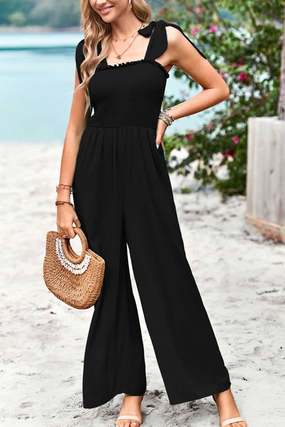 Frill Trim Tie Shoulder Wide Leg Jumpsuit with Pockets-Trendsi-Black-S-[option4]-[option5]-[option6]-[option7]-[option8]-Shop-Boutique-Clothing-for-Women-Online