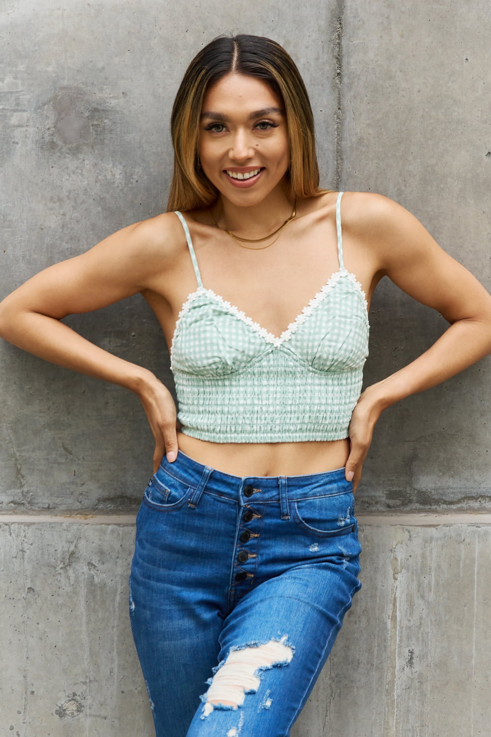 Leto Gingham Daisy Trim Smocked Bustier in Sage-Trendsi-Gum Leaf-S-[option4]-[option5]-[option6]-[option7]-[option8]-Shop-Boutique-Clothing-for-Women-Online