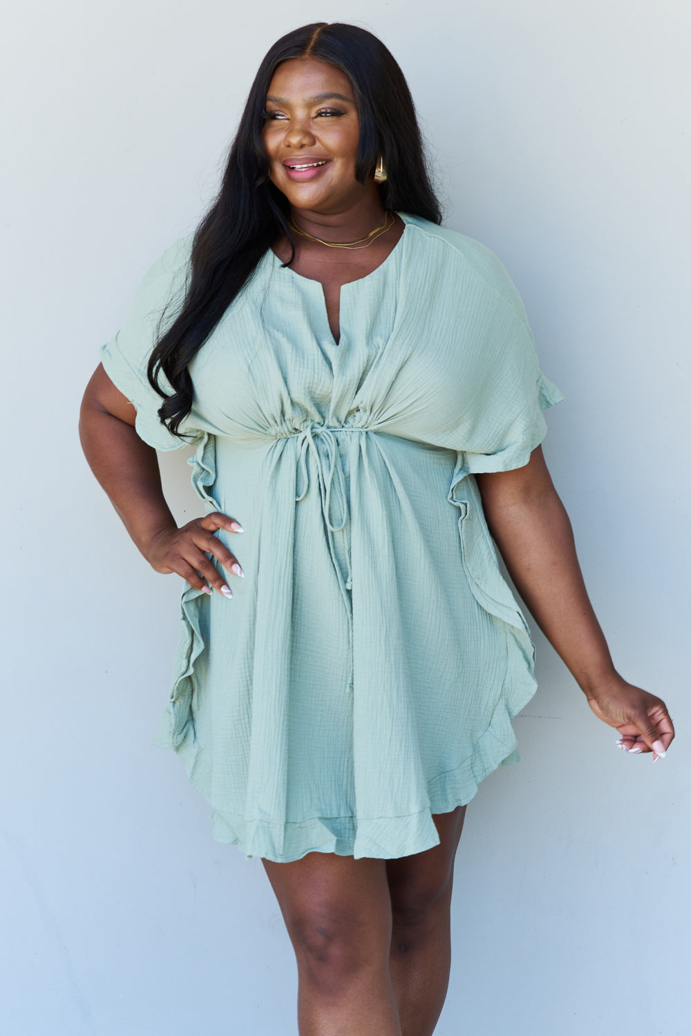 Ninexis Out Of Time Ruffle Hem Dress with Drawstring Waistband in Light Sage-Trendsi-Light Sage-S-[option4]-[option5]-[option6]-[option7]-[option8]-Shop-Boutique-Clothing-for-Women-Online