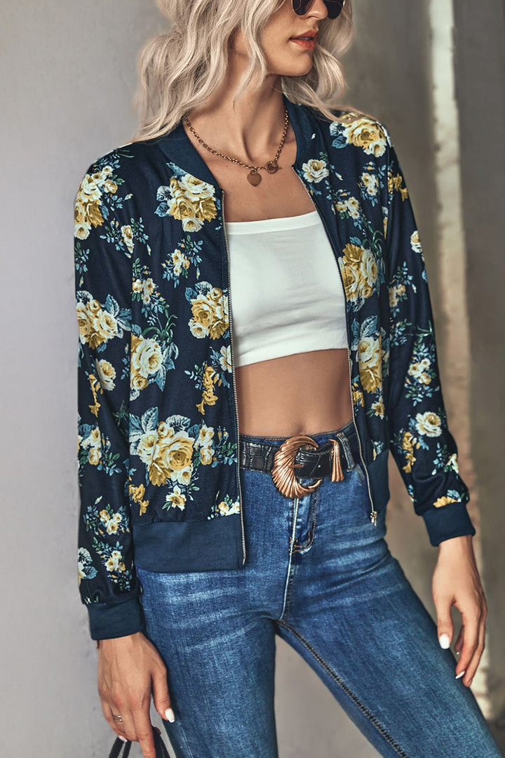 Floral Zip Up Ribbed Trim Bomber Jacket-Trendsi-Navy-S-[option4]-[option5]-[option6]-[option7]-[option8]-Shop-Boutique-Clothing-for-Women-Online