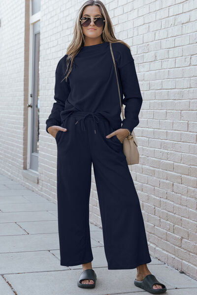 Double Take Textured Long Sleeve Top and Drawstring Pants Set-Trendsi-Navy-S-[option4]-[option5]-[option6]-[option7]-[option8]-Shop-Boutique-Clothing-for-Women-Online