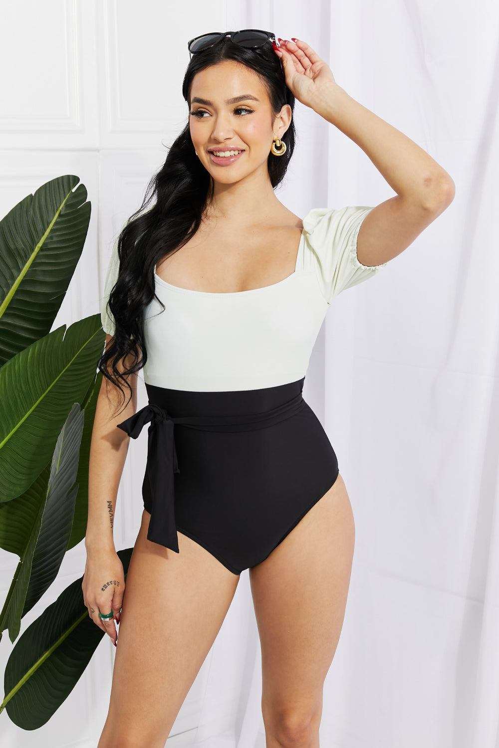 Marina West Swim Salty Air Puff Sleeve One-Piece in Cream/Black-Trendsi-Cream/Black-S-[option4]-[option5]-[option6]-[option7]-[option8]-Shop-Boutique-Clothing-for-Women-Online