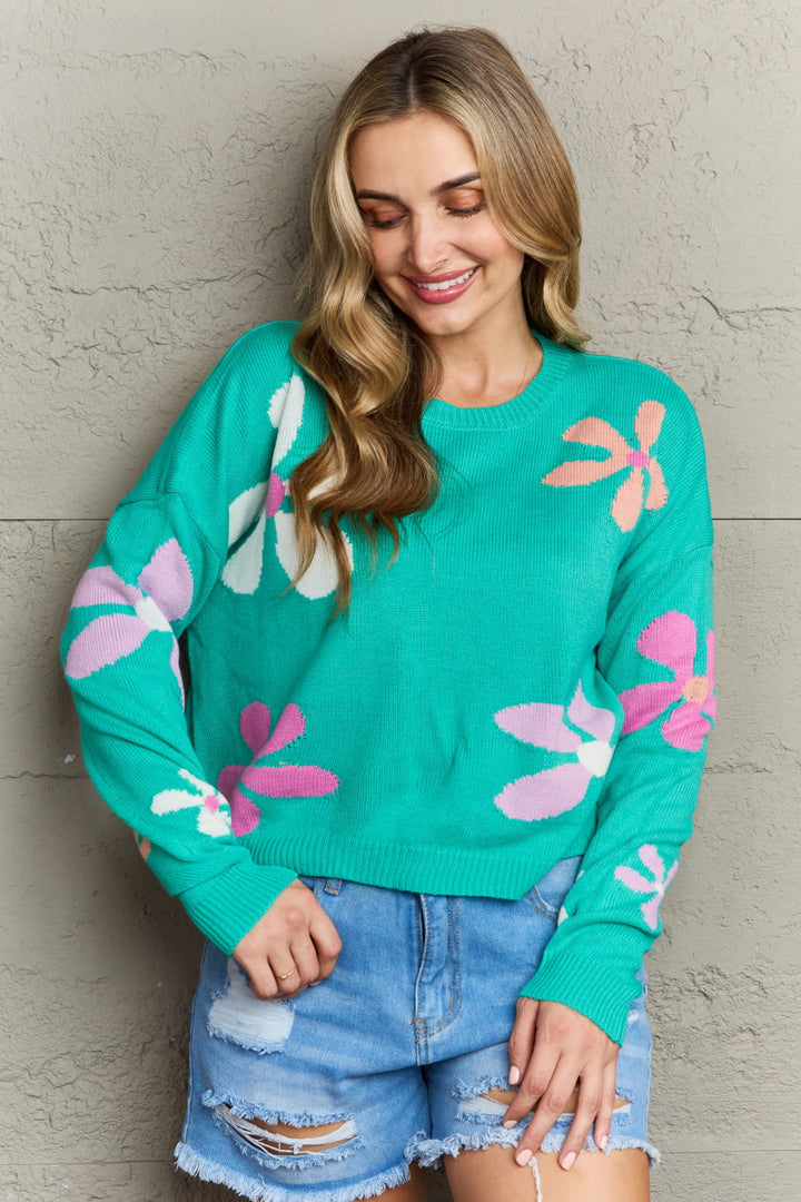 Floral Dropped Shoulder Ribbed Trim Sweater-Trendsi-Green-S-[option4]-[option5]-[option6]-[option7]-[option8]-Shop-Boutique-Clothing-for-Women-Online