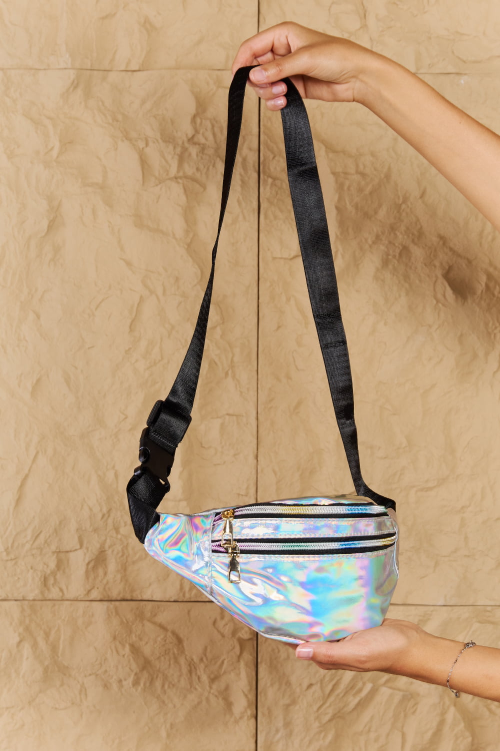 Fame Good Vibrations Holographic Double Zipper Fanny Pack in Silver-Trendsi-Silver-One Size-[option4]-[option5]-[option6]-[option7]-[option8]-Shop-Boutique-Clothing-for-Women-Online