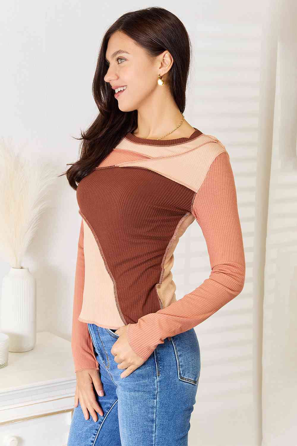 Double Take Color Block Exposed Seam Long Sleeve Top-Trendsi-[option4]-[option5]-[option6]-[option7]-[option8]-Shop-Boutique-Clothing-for-Women-Online