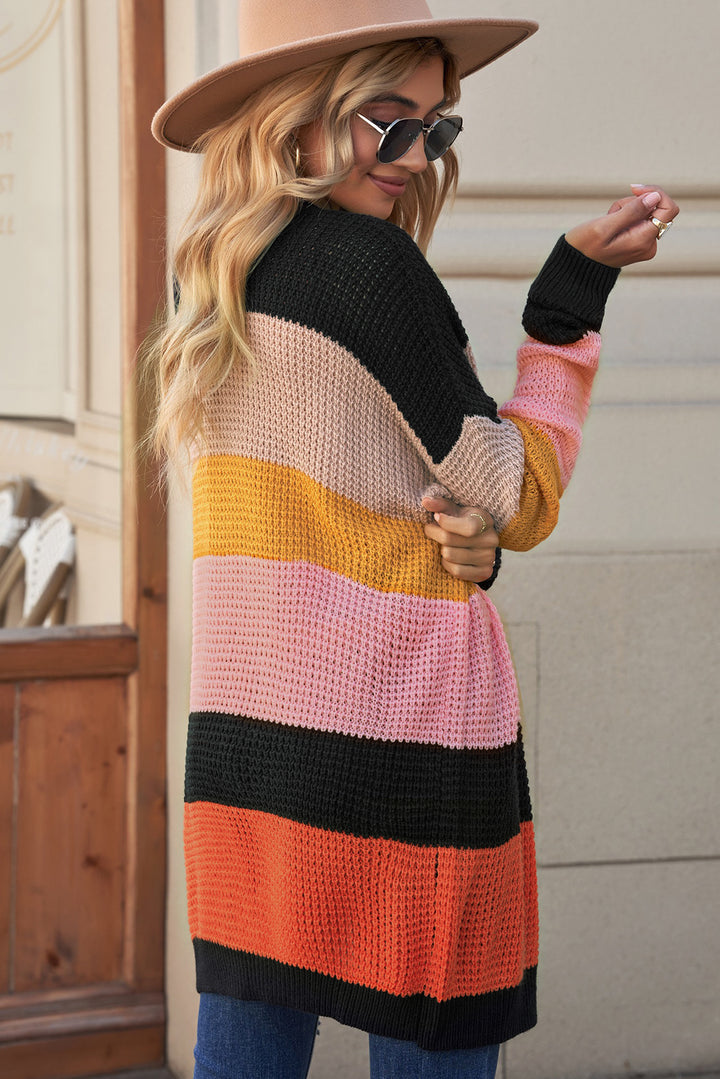 Waffle Knit Striped Open Front Cardigan-Trendsi-[option4]-[option5]-[option6]-[option7]-[option8]-Shop-Boutique-Clothing-for-Women-Online
