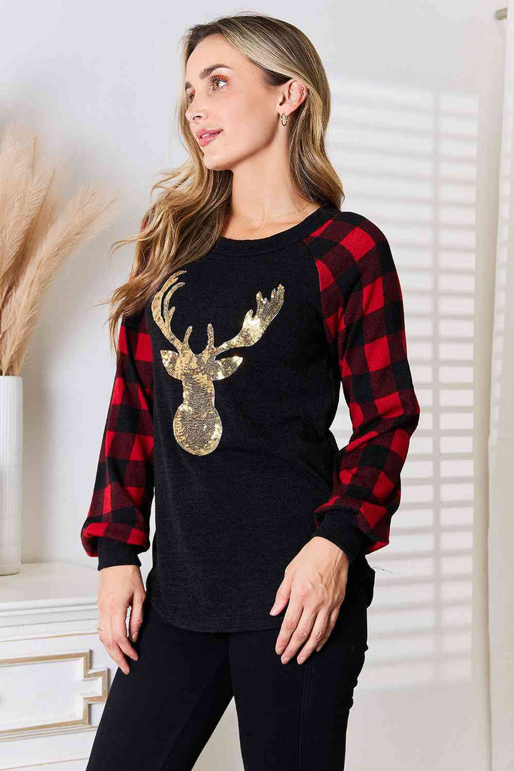 Heimish Sequin Reindeer Graphic Plaid Top-Trendsi-[option4]-[option5]-[option6]-[option7]-[option8]-Shop-Boutique-Clothing-for-Women-Online