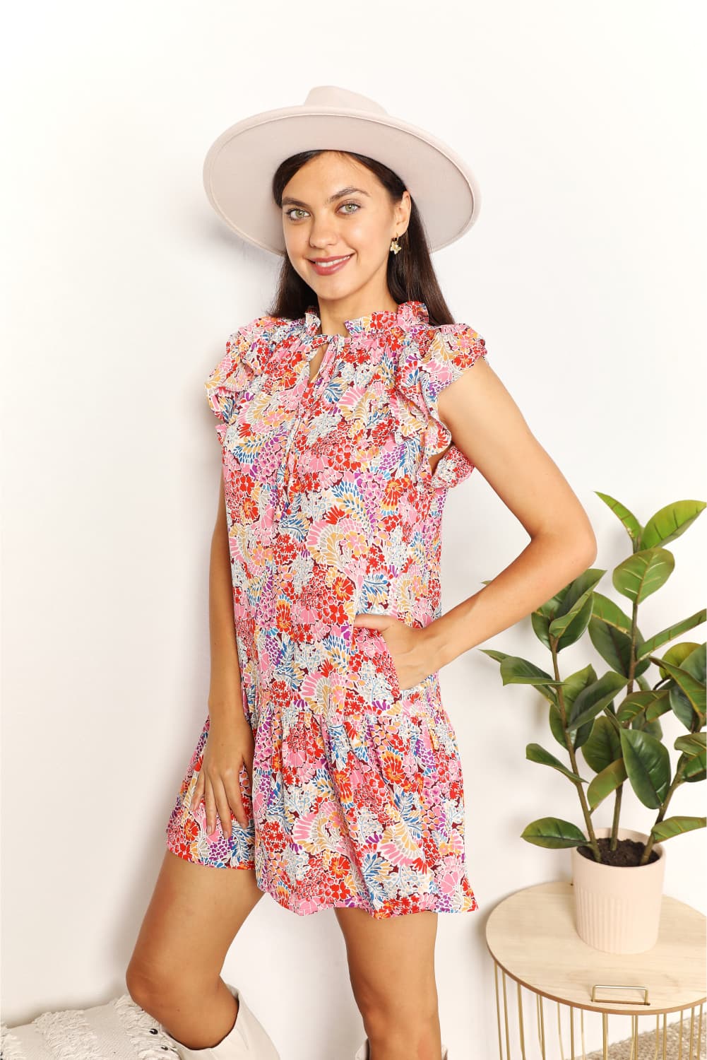 Double Take Floral Tie Neck Cap Sleeve Dress-Trendsi-[option4]-[option5]-[option6]-[option7]-[option8]-Shop-Boutique-Clothing-for-Women-Online