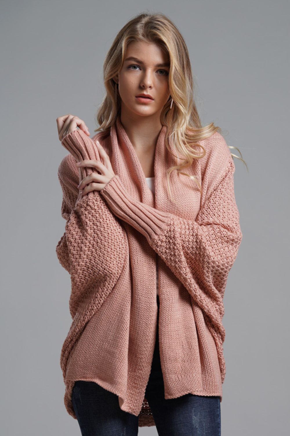 Double Take Dolman Sleeve Open Front Ribbed Trim Longline Cardigan-Trendsi-Pink-One Size-[option4]-[option5]-[option6]-[option7]-[option8]-Shop-Boutique-Clothing-for-Women-Online
