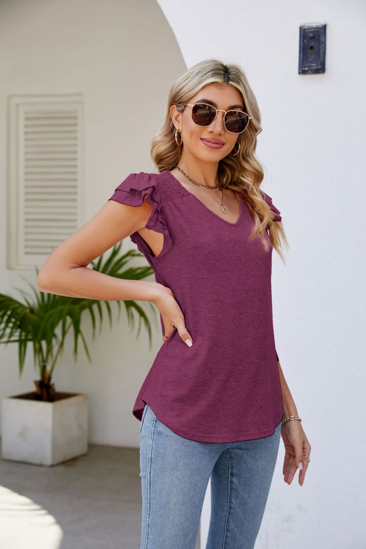 Smocked Flutter Sleeve V-Neck Top-Trendsi-[option4]-[option5]-[option6]-[option7]-[option8]-Shop-Boutique-Clothing-for-Women-Online