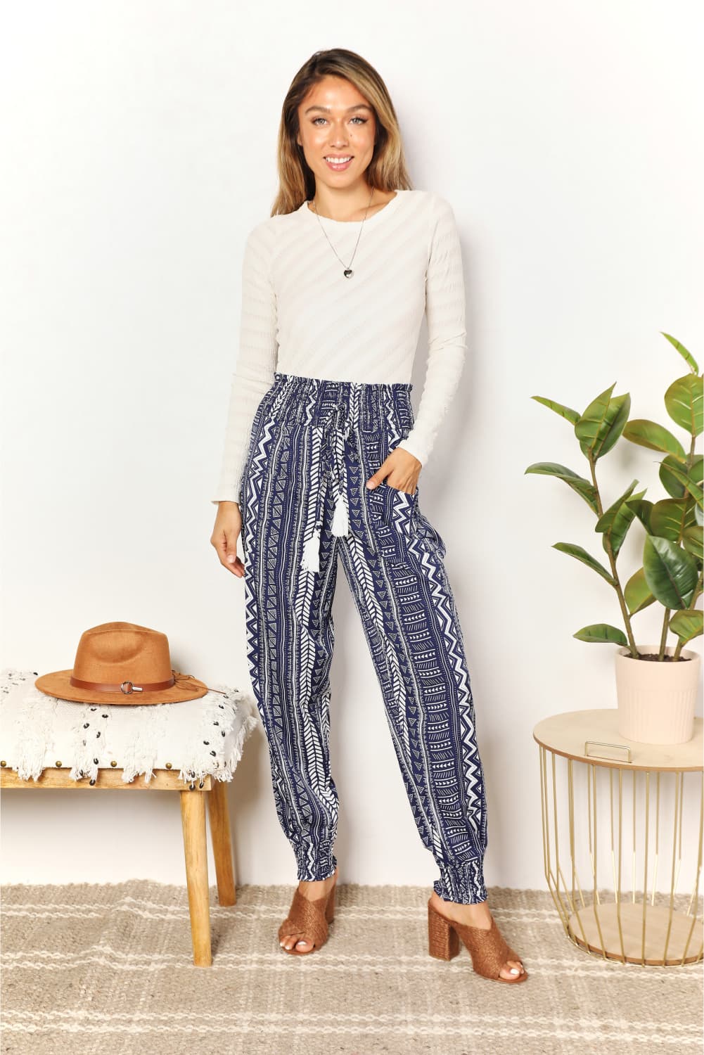 Double Take Geometric Print Tassel High-Rise Pants-Trendsi-[option4]-[option5]-[option6]-[option7]-[option8]-Shop-Boutique-Clothing-for-Women-Online