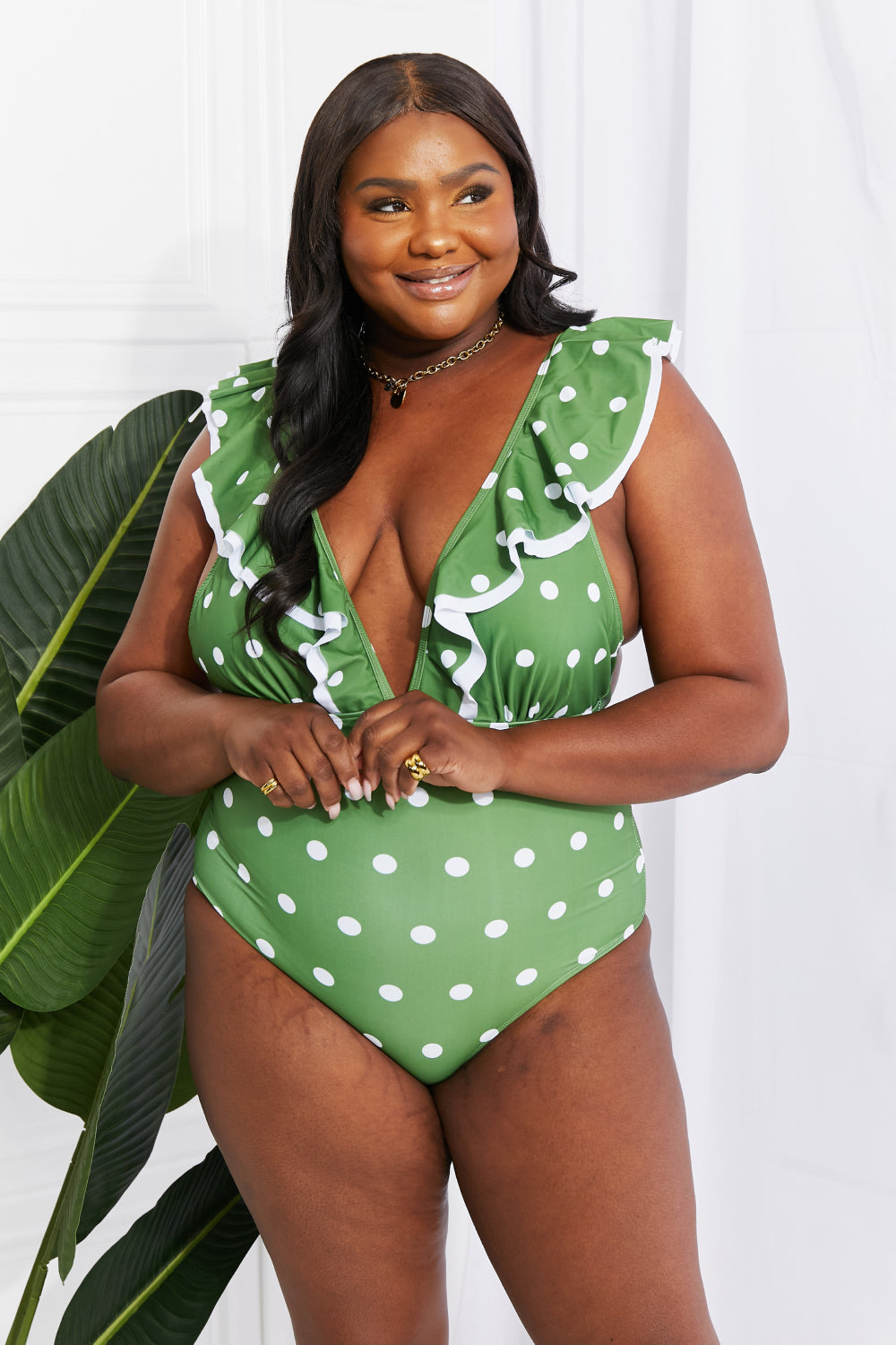 Marina West Swim Moonlit Dip Ruffle Plunge Swimsuit in Mid Green-Trendsi-[option4]-[option5]-[option6]-[option7]-[option8]-Shop-Boutique-Clothing-for-Women-Online