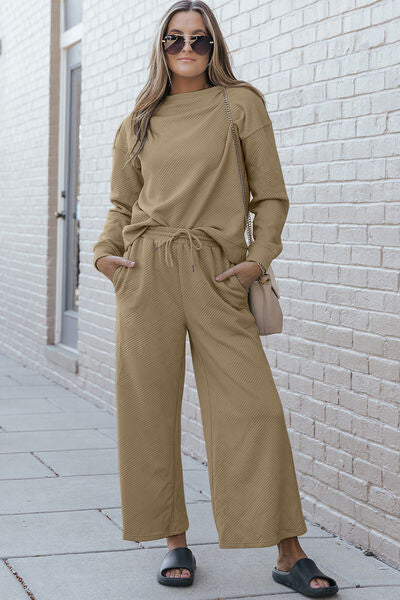 Double Take Textured Long Sleeve Top and Drawstring Pants Set-Trendsi-Tan-S-[option4]-[option5]-[option6]-[option7]-[option8]-Shop-Boutique-Clothing-for-Women-Online