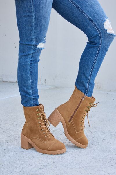 Forever Link Lace-Up Zipper Detail Block Heel Boots-Trendsi-TAN-5.5-[option4]-[option5]-[option6]-[option7]-[option8]-Shop-Boutique-Clothing-for-Women-Online