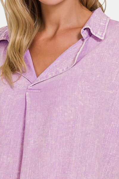 Zenana Washed Linen Raw Hem V-Neck Shirt-Trendsi-[option4]-[option5]-[option6]-[option7]-[option8]-Shop-Boutique-Clothing-for-Women-Online