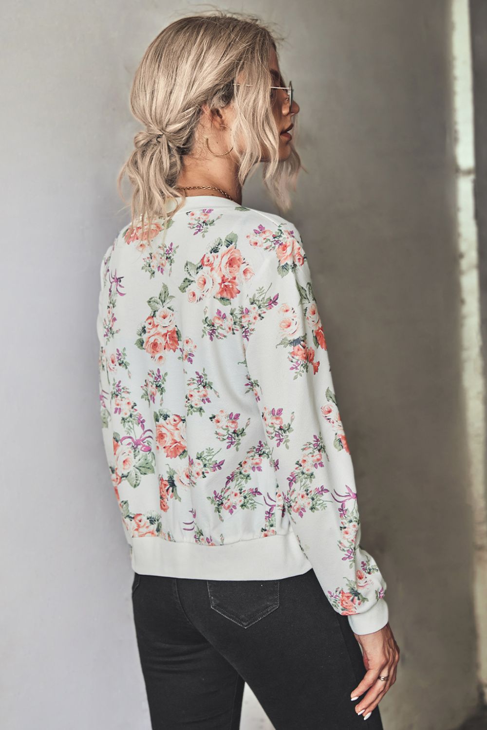 Floral Zip Up Ribbed Trim Bomber Jacket-Trendsi-[option4]-[option5]-[option6]-[option7]-[option8]-Shop-Boutique-Clothing-for-Women-Online