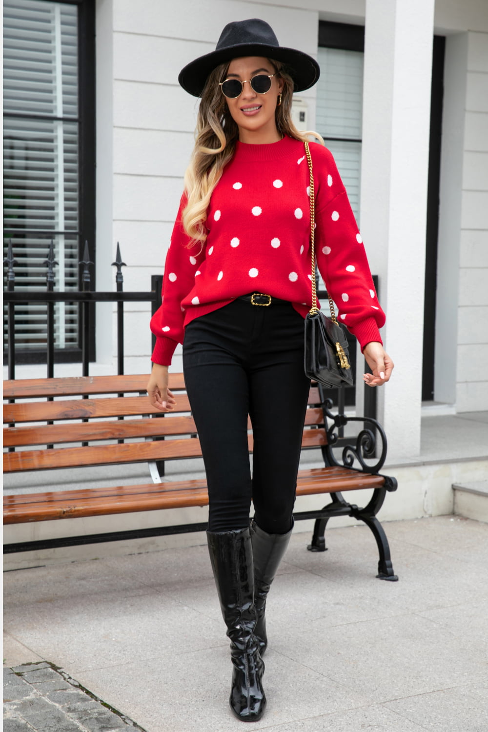 Woven Right Polka Dot Round Neck Dropped Shoulder Sweater-Trendsi-[option4]-[option5]-[option6]-[option7]-[option8]-Shop-Boutique-Clothing-for-Women-Online