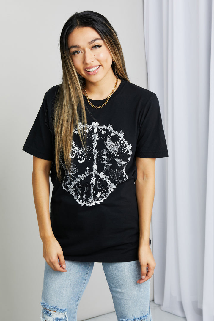 Butterfly Peace Graphic Tee Shirt-Trendsi-Black-S-[option4]-[option5]-[option6]-[option7]-[option8]-Shop-Boutique-Clothing-for-Women-Online