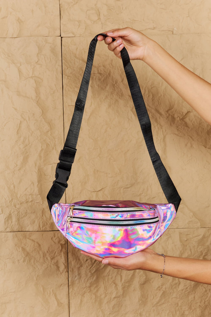 Fame Good Vibrations Holographic Double Zipper Fanny Pack in Hot Pink-Trendsi-Hot Pink-One Size-[option4]-[option5]-[option6]-[option7]-[option8]-Shop-Boutique-Clothing-for-Women-Online