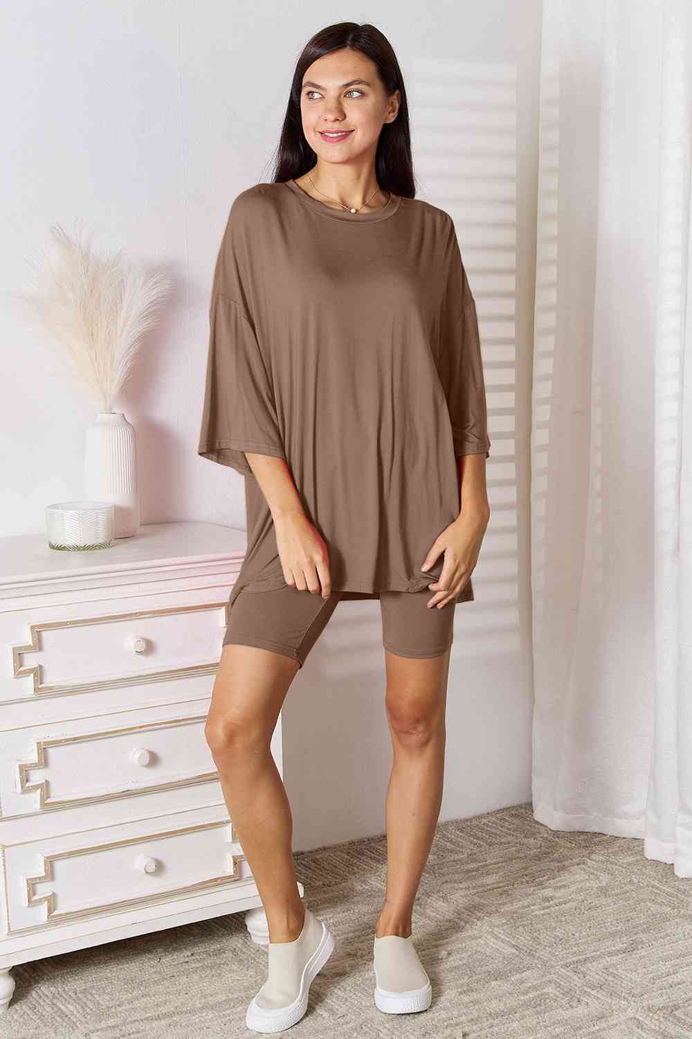 Basic Bae Soft Rayon Three-Quarter Sleeve Top and Shorts Set-Trendsi-Taupe-S-[option4]-[option5]-[option6]-[option7]-[option8]-Shop-Boutique-Clothing-for-Women-Online