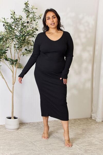 Culture Code Ribbed Long Sleeve Midi Slit Dress-Trendsi-[option4]-[option5]-[option6]-[option7]-[option8]-Shop-Boutique-Clothing-for-Women-Online