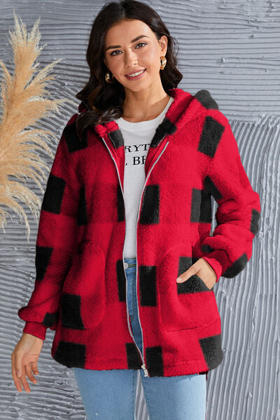 Double Take Plaid Long Sleeve Hooded Coat-Trendsi-Red-S-[option4]-[option5]-[option6]-[option7]-[option8]-Shop-Boutique-Clothing-for-Women-Online