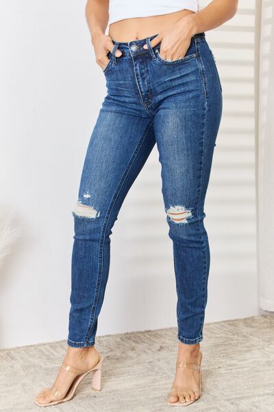 Judy Blue High Waist Distressed Slim Jeans-Trendsi-Dark-0-[option4]-[option5]-[option6]-[option7]-[option8]-Shop-Boutique-Clothing-for-Women-Online
