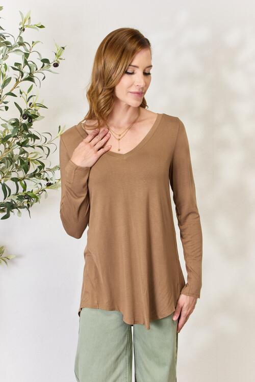 Zenana Long Sleeve V-Neck Top-Trendsi-Deep Camel-S-[option4]-[option5]-[option6]-[option7]-[option8]-Shop-Boutique-Clothing-for-Women-Online