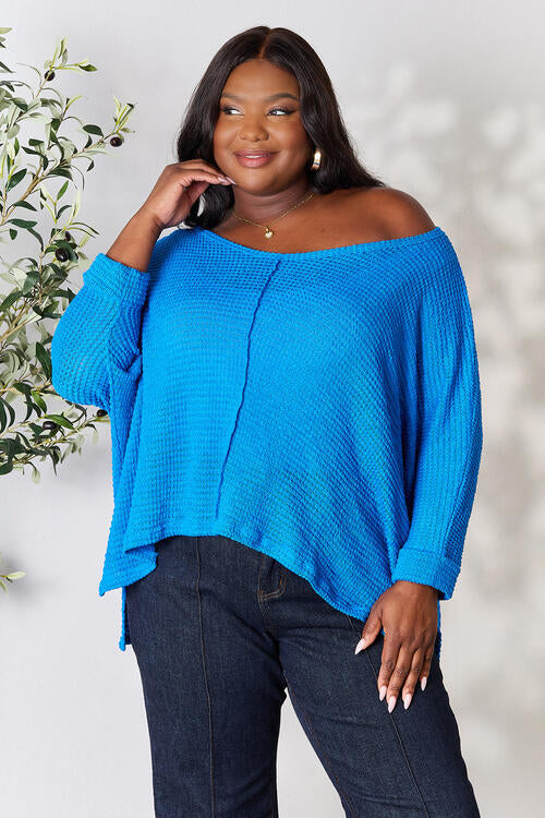 Zenana Round Neck High-Low Slit Knit Top-Trendsi-Ocean Blue-S/M-[option4]-[option5]-[option6]-[option7]-[option8]-Shop-Boutique-Clothing-for-Women-Online