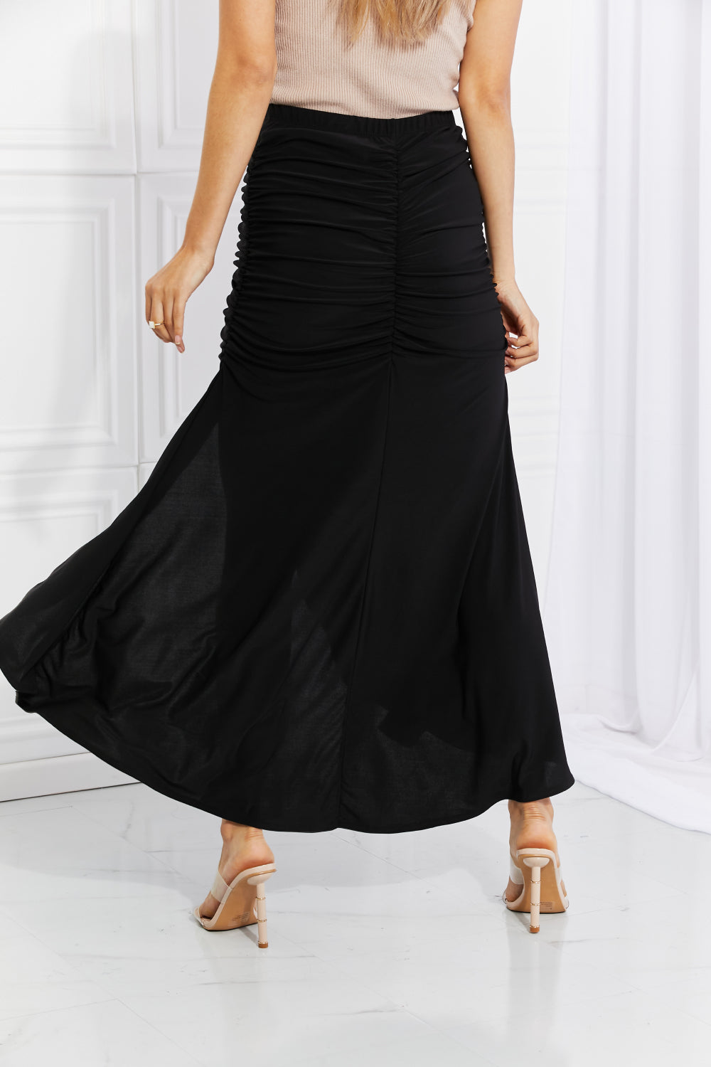 White Birch Up and Up Ruched Slit Maxi Skirt in Black-Trendsi-[option4]-[option5]-[option6]-[option7]-[option8]-Shop-Boutique-Clothing-for-Women-Online